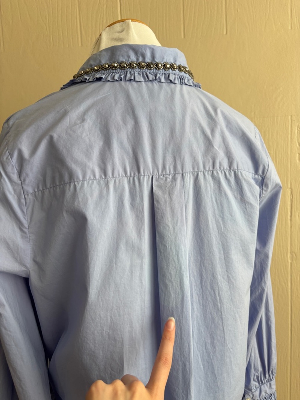 Essentiel Antwerp Glass Rhinestone Beaded Ruffle Collar Button Up Shirt - Picture 12 of 12